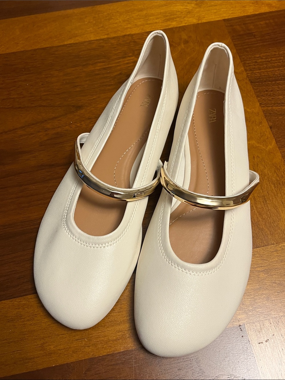 Zara Cream Mary Jane Flats with Gold Strap, size 41, fits 9.5 USA, new